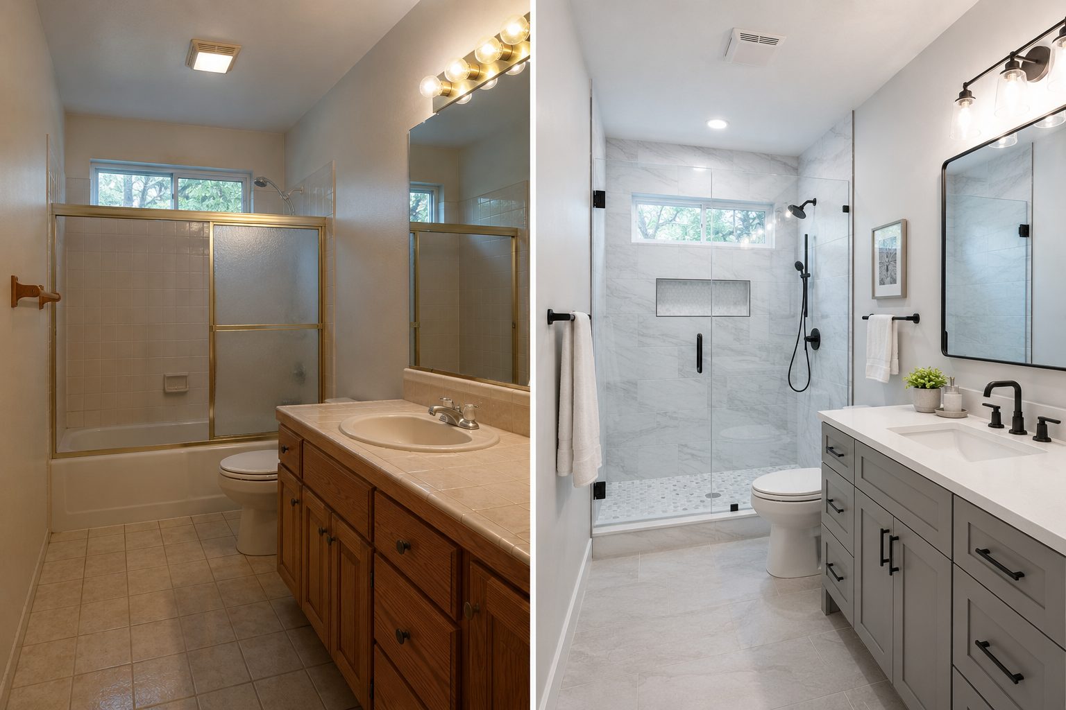 Before and after of a bathroom remodel, from dated to modern