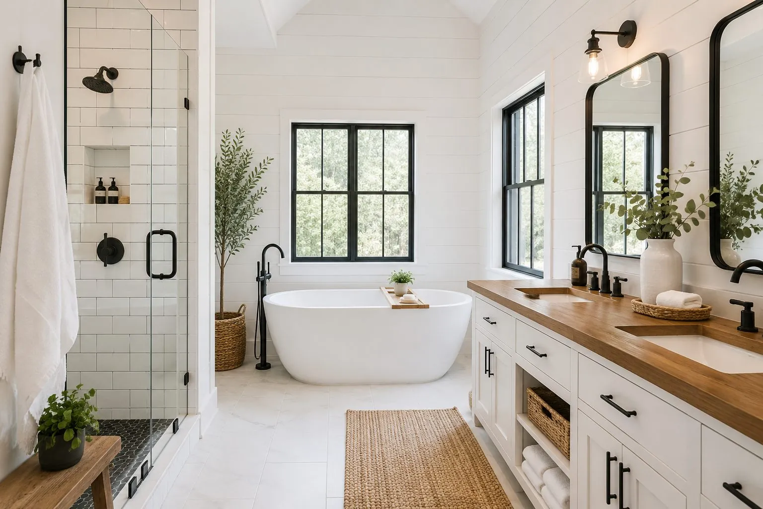 Modern farmhouse bathroom remodel with white shiplap, a freestanding tub, and black fixtures