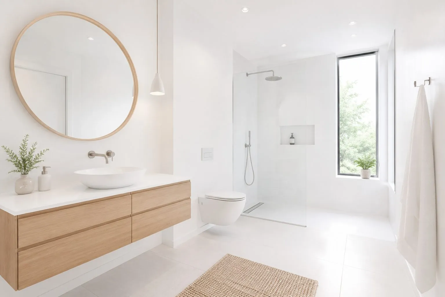 Minimalist Scandinavian bathroom remodel with a light oak vanity and white tile