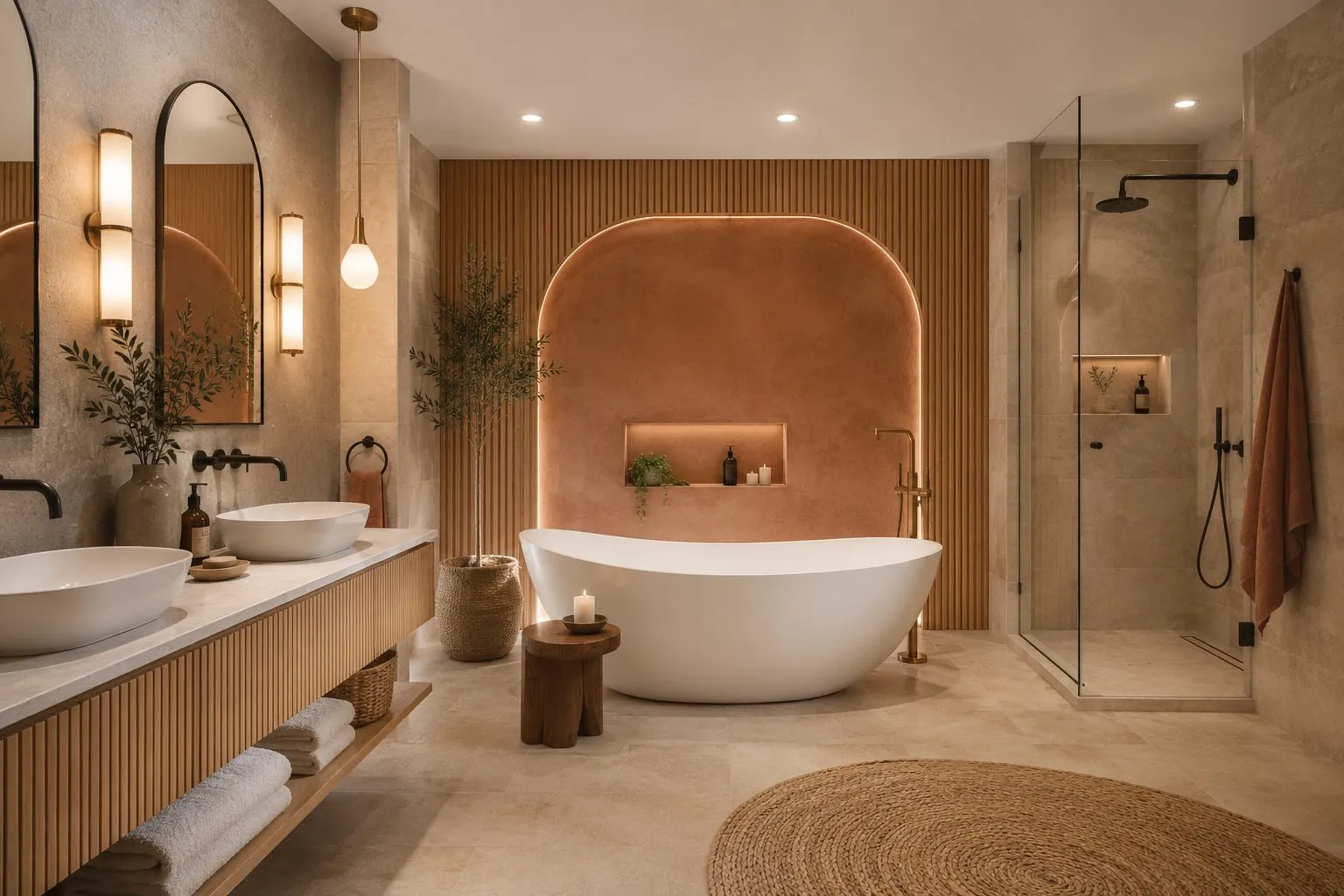 Spa bathroom remodel with a freestanding tub and a warm terracotta fluted feature wall