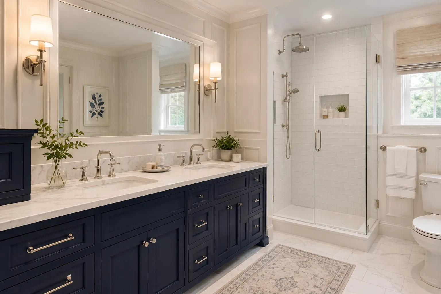 Transitional bathroom remodel with a navy vanity, white paneling, and marble-look counters