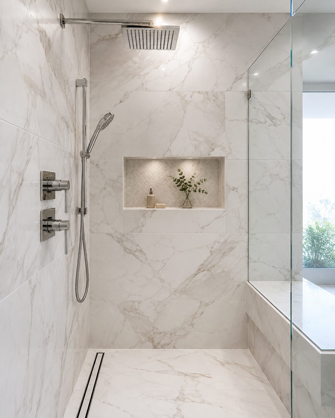 Frameless glass walk-in shower with marble-look tile and a built-in niche