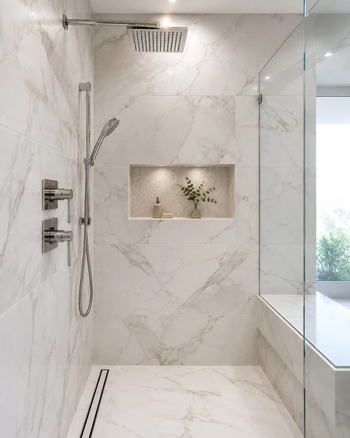 Frameless glass walk-in shower with marble-look tile and a built-in niche